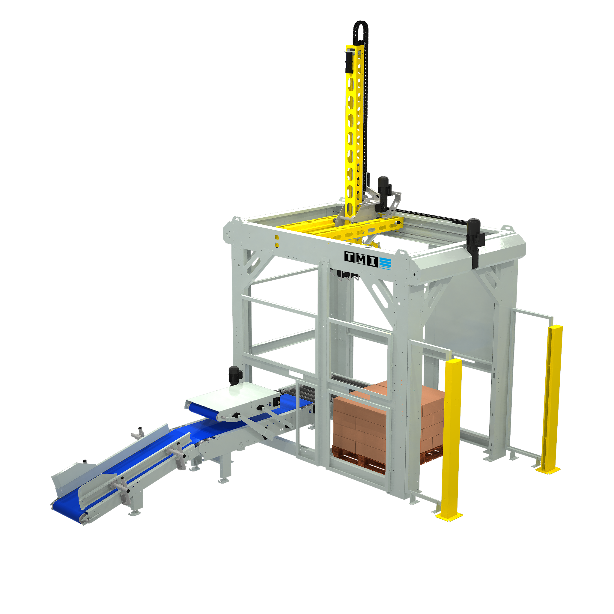 Gantry type cartesian bag palletizer with robotic palletizing gripper